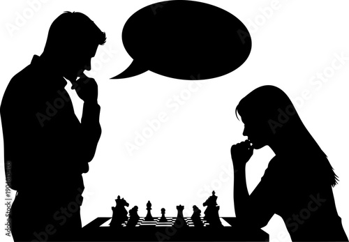 Man and woman playing chess with speech bubble silhouette