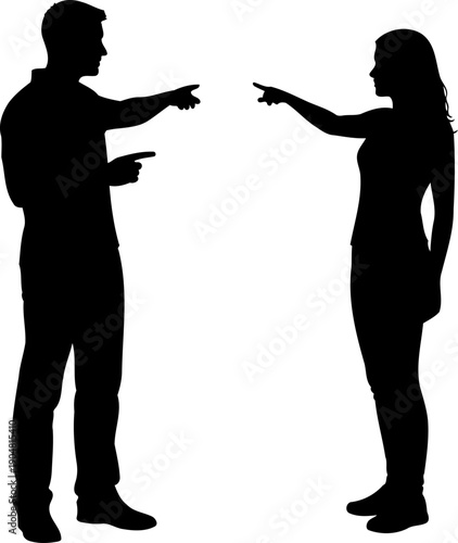 Man and woman pointing fingers at each other silhouette