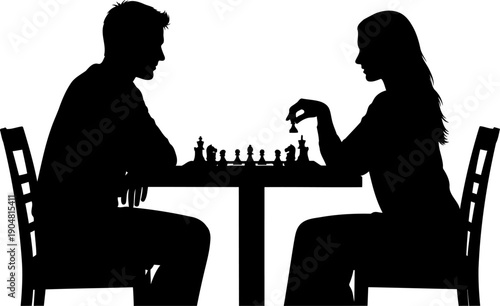 Man and woman playing a strategic game of chess silhouette