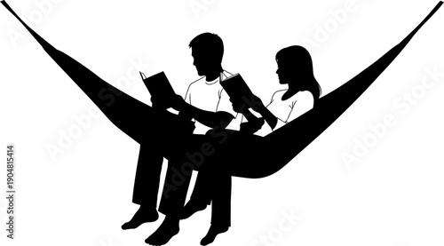 Man and woman relaxing and reading books in a hammock silhouette