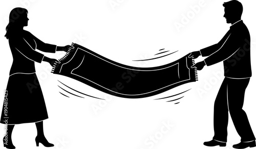 Man and woman shaking out a large carpet or rug silhouette