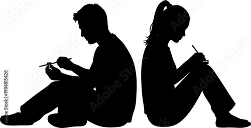 Man and woman sitting back to back writing on pads silhouette