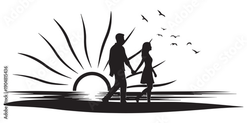 Romantic Couple Silhouettes with Heart and Sunset Background Minimalist vector silhouettes of a couple holding hands with heart symbols and a scenic sunset over the sea.Couple Walking at Sunset Beach 