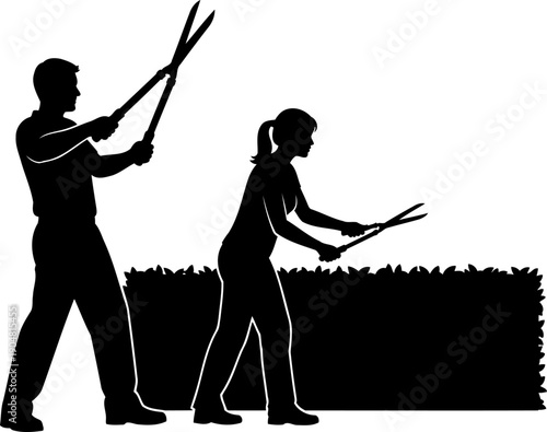 Man and woman trimming garden hedge with shears silhouette