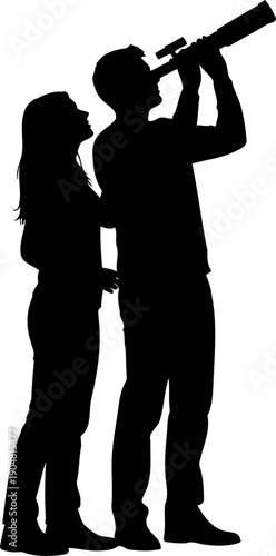 Man and woman stargazing with telescope silhouette