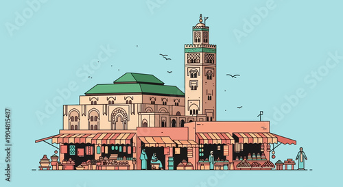 Hassan II Mosque in Casablanca, Morocco, a stunning example of Islamic architecture with a vibrant marketplace at its base, showcasing Moroccan culture and city life