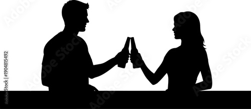 Man and woman toasting with beer bottles at a counter silhouette