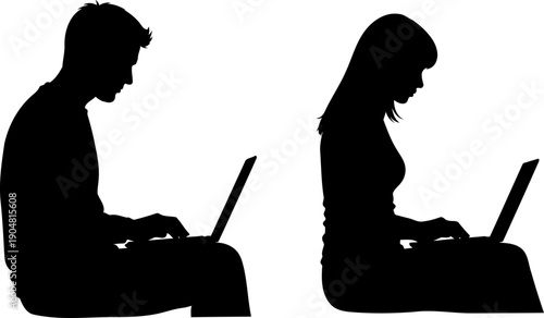 Man and woman working on laptops in a modern office silhouette