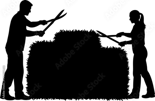 Man and woman trimming garden hedge with shears silhouette Gardening