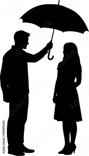 Man holding an umbrella over a woman in the rain silhouette