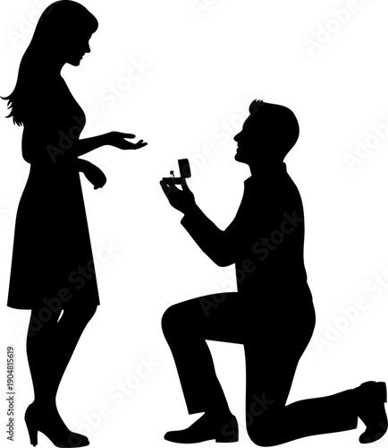 Man kneeling down to propose to woman with engagement ring silhouette
