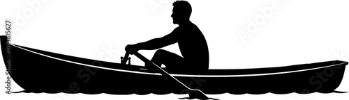 Man rowing a small boat on calm water silhouette