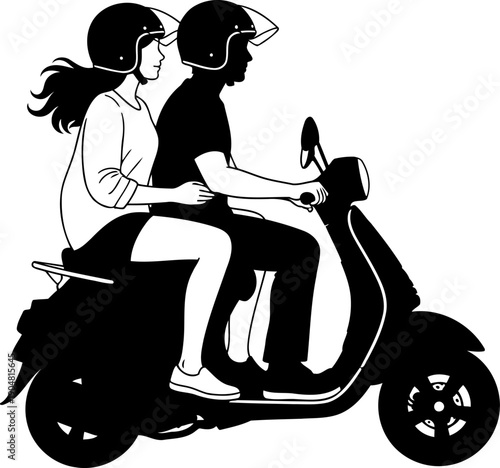 Outline silhouette of couple traveling on a city moped