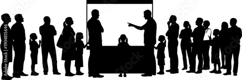 Museum visitors observing a large display screen silhouette