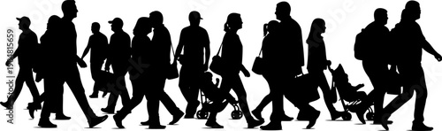 Pedestrians walking in a busy city street silhouette