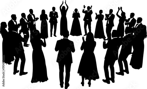 People in formal wear standing in a circle clapping silhouette
