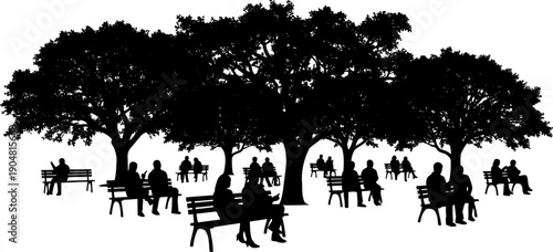 People relaxing on benches under large oak trees in a park silhouette