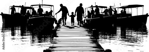 People walking on a wooden pier next to moored boats silhouette