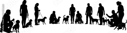 People walking and training dogs silhouette illustration
