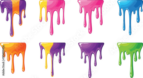 Set of colorful liquid paint drips and melting slime elements in vibrant purple pink blue orange and green for creative art design
