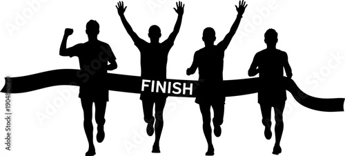 Runners crossing finish line ribbon in marathon race silhouette