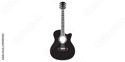 Black silhouette of acoustic guitar vector illustration isolated on white background, perfect for musical instrument icons, logos, and music designs, Guitar vector icon black silhouette white BG