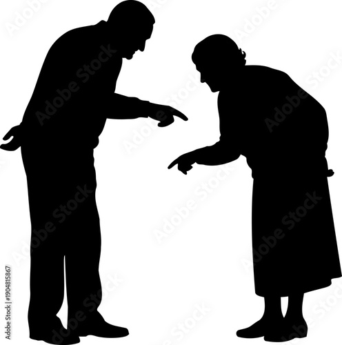 Senior man and woman pointing down at something on the ground silhouette