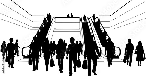 Shoppers walking in a mall with central escalators silhouette