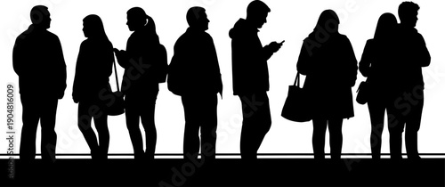 Silhouette of diverse people standing in a queue waiting