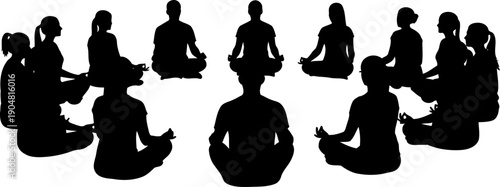 Silhouette of diverse people practicing group meditation in a circle