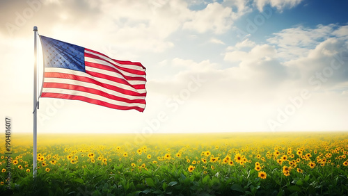 American flag waving in a field of sunflowers