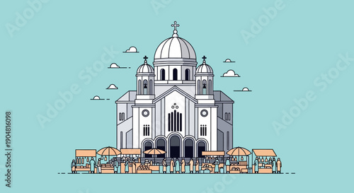 Flat Illustration of a Grand White Cathedral with Market Stalls and a Cloudy Sky, a Detailed Architectural Design
