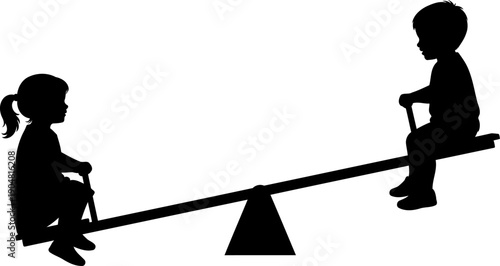 Two children playing on a seesaw at a playground silhouette