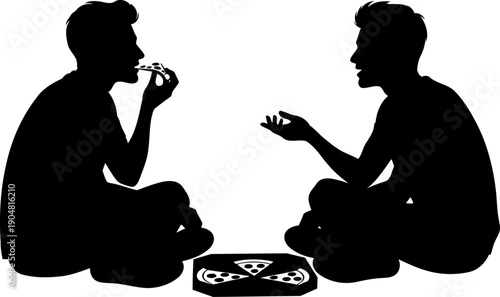 Two friends eating pizza while sitting on floor