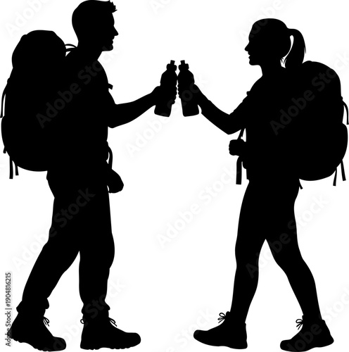 Two hikers clinking water bottles outdoor adventure silhouette