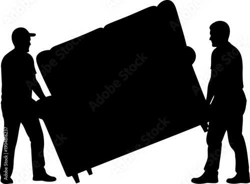Two movers carrying large sofa silhouette