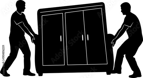 Two movers carrying a large heavy wooden wardrobe silhouette