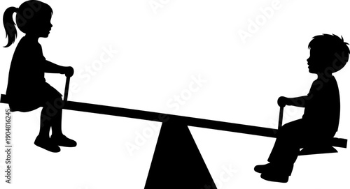 Two young children playing on a seesaw at a playground