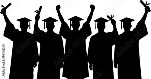 University graduates celebrating with diplomas and caps silhouette