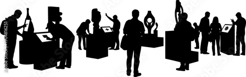 Visitors exploring art gallery and interactive museum exhibits