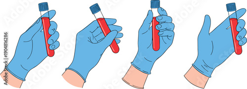 Set of professional laboratory technician hands wearing blue medical gloves holding test tubes with red liquid samples isolated on white