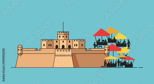 Castle with Market Stalls Featuring Diverse Vendors and Shoppers Engaging in Commerce Amidst Historical Architecture Under a Clear Sky