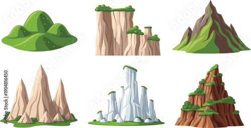 Set of stylized mountain peaks and steep rocky cliffs with green grassy plateaus for fantasy game environment and landscape design