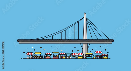 A large suspension bridge stretches over a bustling marketplace with numerous stalls showcasing various goods, set against a clear blue sky, creating a vibrant urban scene