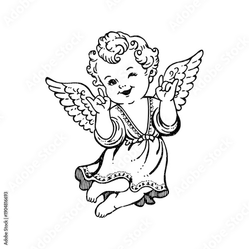 A cute cherub angel  makes a rock hand gesture expressing humor rebellion music attitude and playful innocence in a rvintage illustration style.
