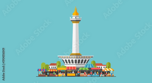 Illustration of Monas, a famous landmark in Jakarta, Indonesia, surrounded by a bustling marketplace with colorful stalls and awnings, set against a clear blue sky