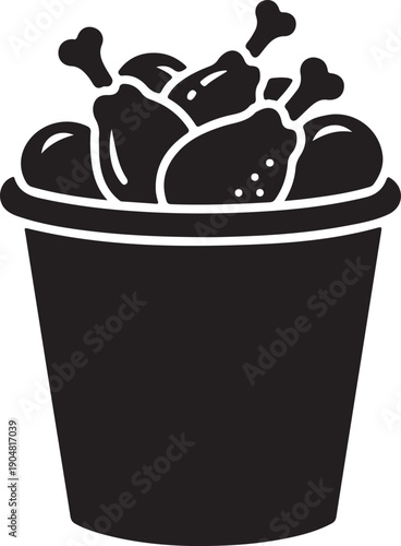 Black bucket filled with fried chicken and bones on white background