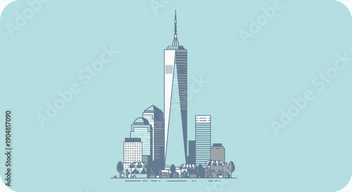 New York City skyline featuring the iconic One World Trade Center tower and surrounding skyscrapers against a minimalist light blue background, symbolizing urban architecture and cityscapes