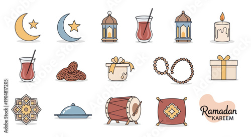 Ramadan Kareem Icons: Crescent Moon, Lanterns, Dates, Drums, Gifts, Prayer Beads, Candle