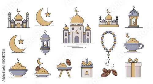 Ramadan Icons: Mosques, Crescent Moon, Lanterns, Dates, Prayer Beads, Gift Box